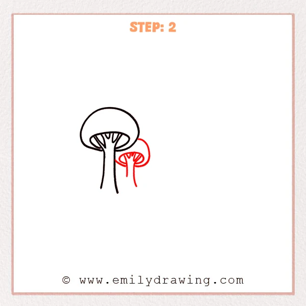 how to draw a cartoon forest - Step 2 of a cartoon forest drawing adds a smaller overlapping tree behind the first, with a slim trunk and matching curved underside details.